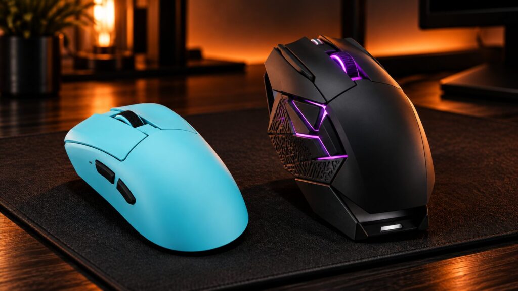 Two new ASUS ROG gaming mice side by side, a small light blue ultralight esports mouse and a larger black MMO mouse with a vented side panel