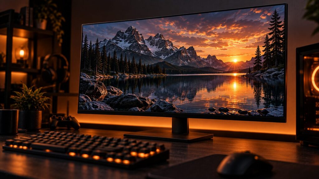 Widescreen gaming monitor in sharp focus displaying a detailed sunset mountain scene, keyboard and mouse blurred in the foreground