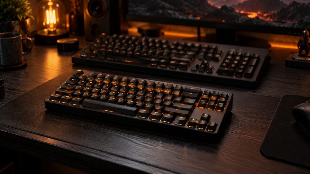 Compact 75% mechanical keyboard in the foreground with a larger full-size keyboard blurred behind it, showing the size difference
