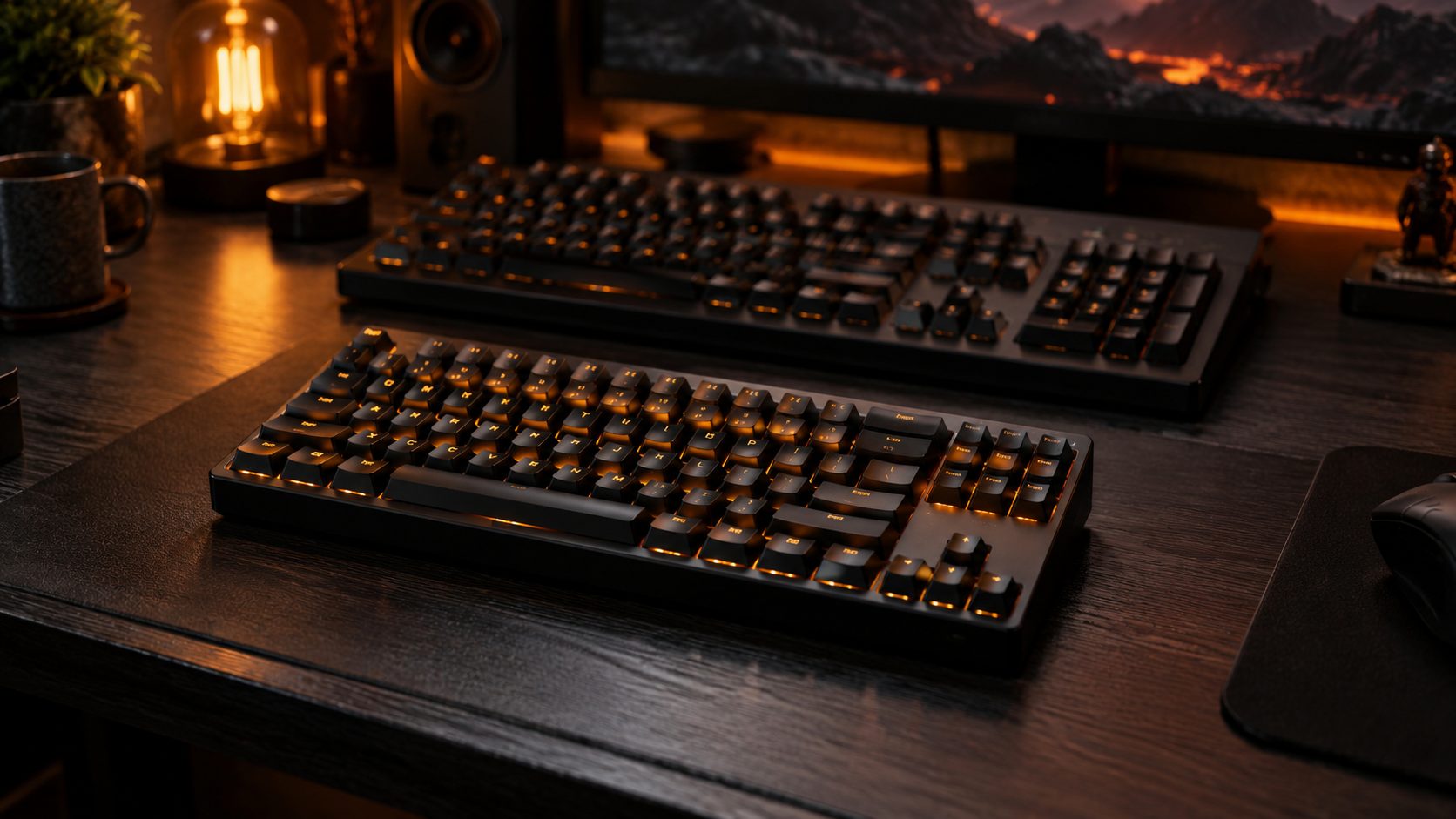 Compact 75% mechanical keyboard in the foreground with a larger full-size keyboard blurred behind it, showing the size difference