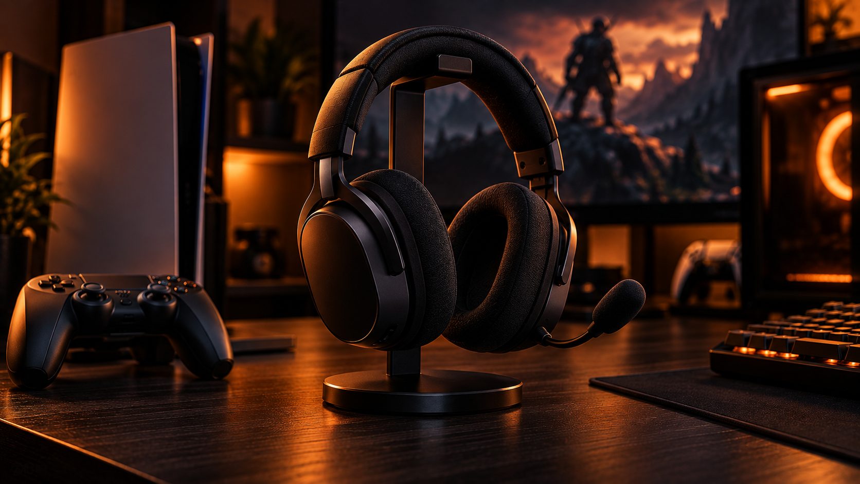 Gaming headset on a stand positioned between a game controller and a mechanical keyboard, signaling console and PC compatibility