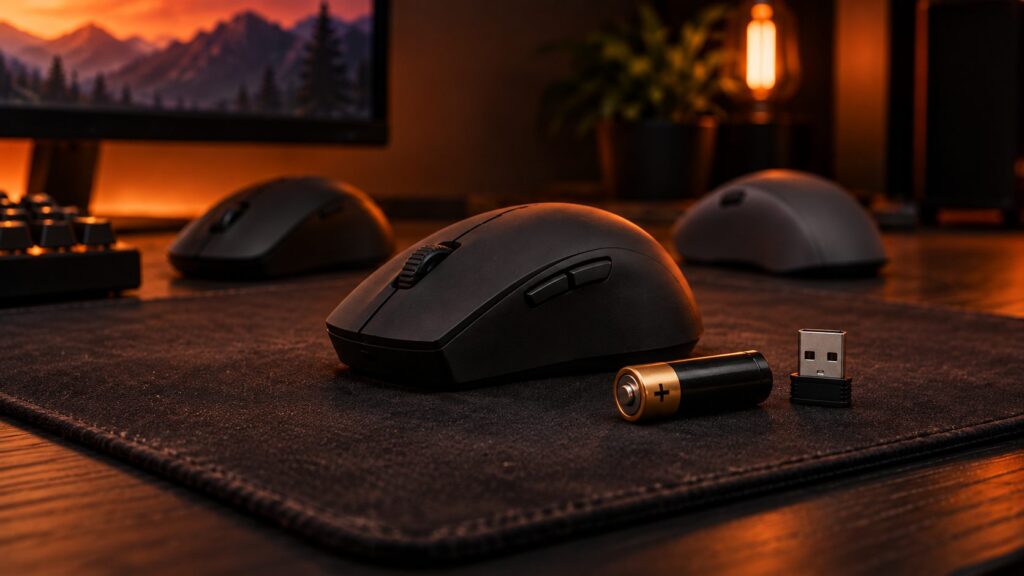 Simple wireless gaming mouse with a couple of other budget mice blurred behind it