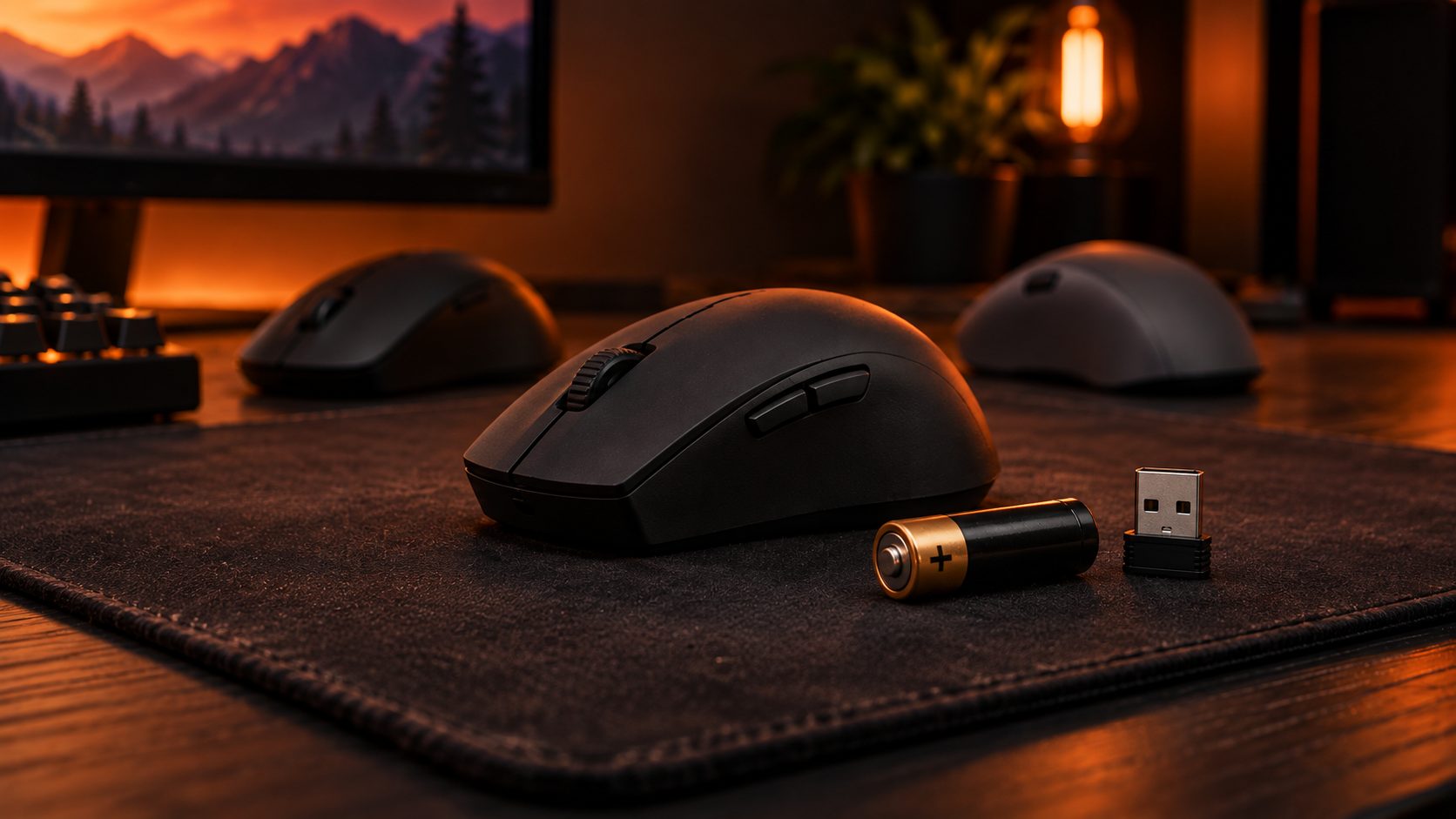 Simple wireless gaming mouse with a couple of other budget mice blurred behind it