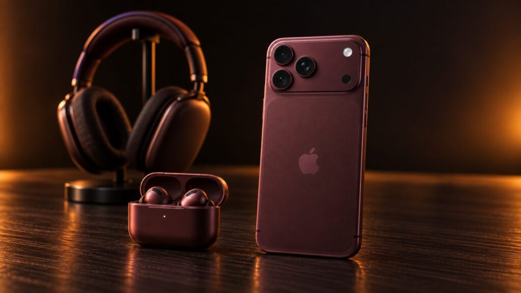 iPhone 18 Pro in Burgundy next to a pair of wireless earbuds in their case and a pair of over-ear headphones