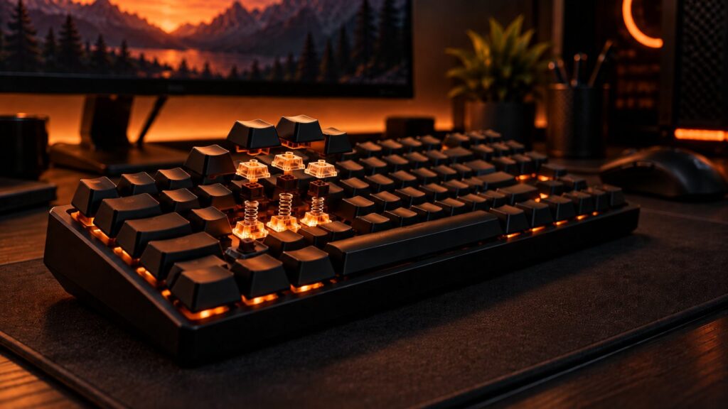Mechanical keyboard with a few keycaps removed, exposing the switch mechanism underneath