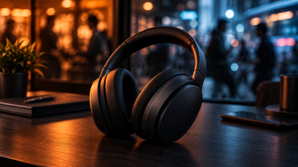 Over-ear noise-cancelling headphones in sharp focus against a softly blurred, busy-looking background of lights