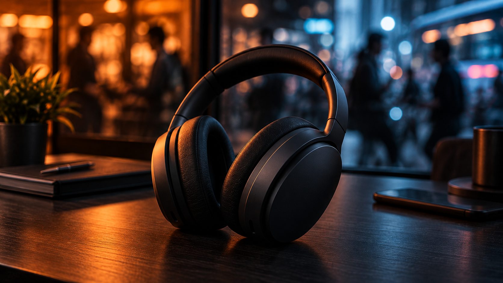 Over-ear noise-cancelling headphones in sharp focus against a softly blurred, busy-looking background of lights