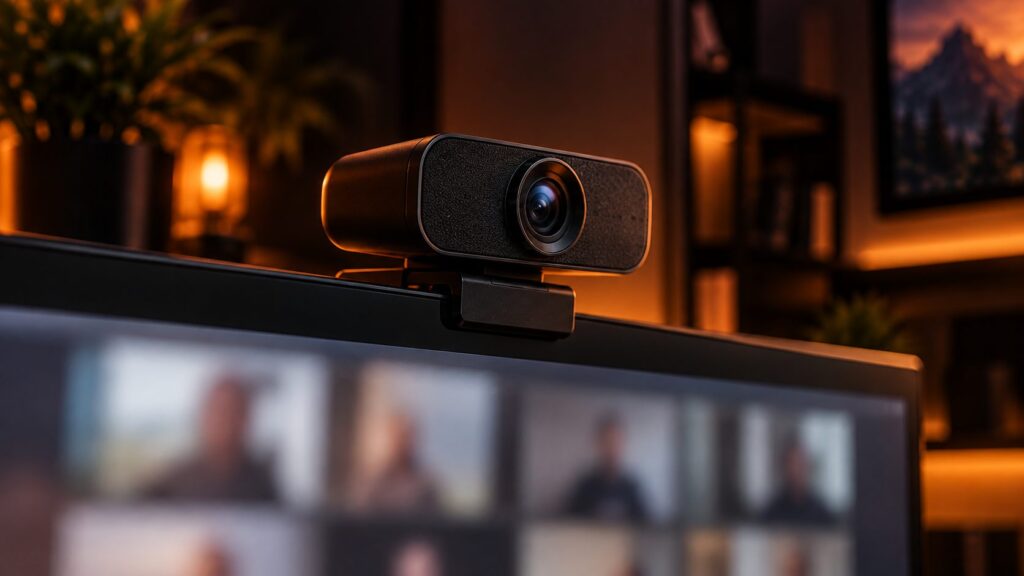 Small webcam clipped to the top of a monitor, close-up, with a video-call layout glowing softly on the screen behind it