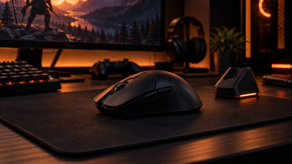 Wireless gaming mouse with its USB dongle, other gaming mice blurred in the background