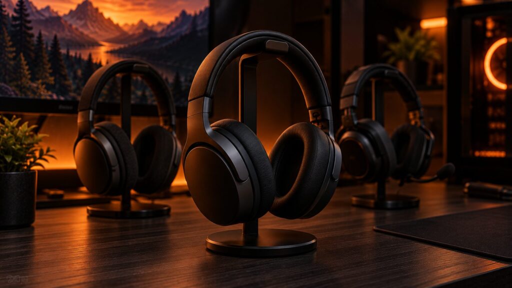Pair of over-ear wireless headphones on a stand, another pair blurred behind on the desk
