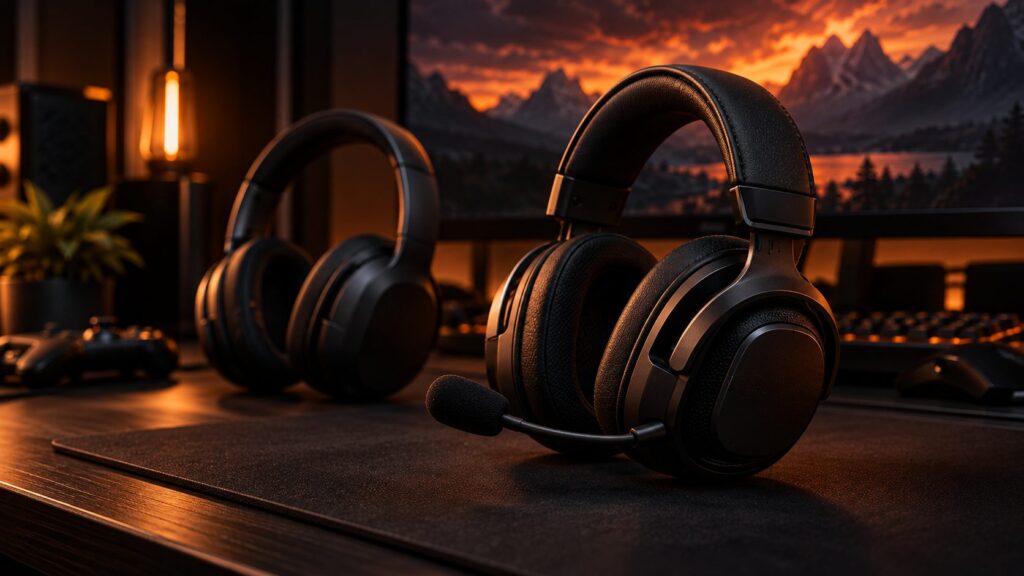 Gaming headset with boom mic next to a plain pair of headphones