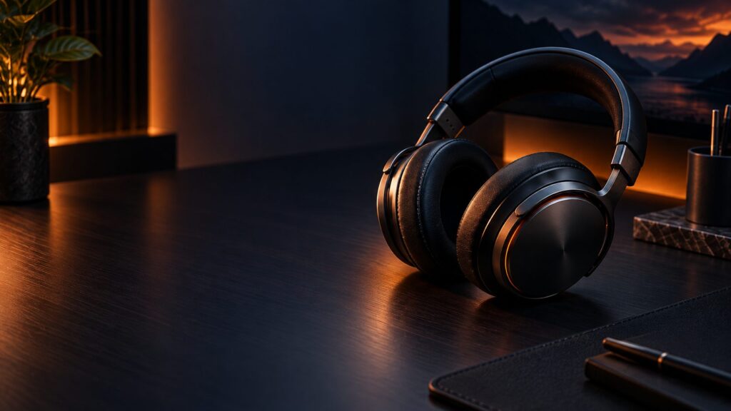Premium over-ear headphones on a dark desk