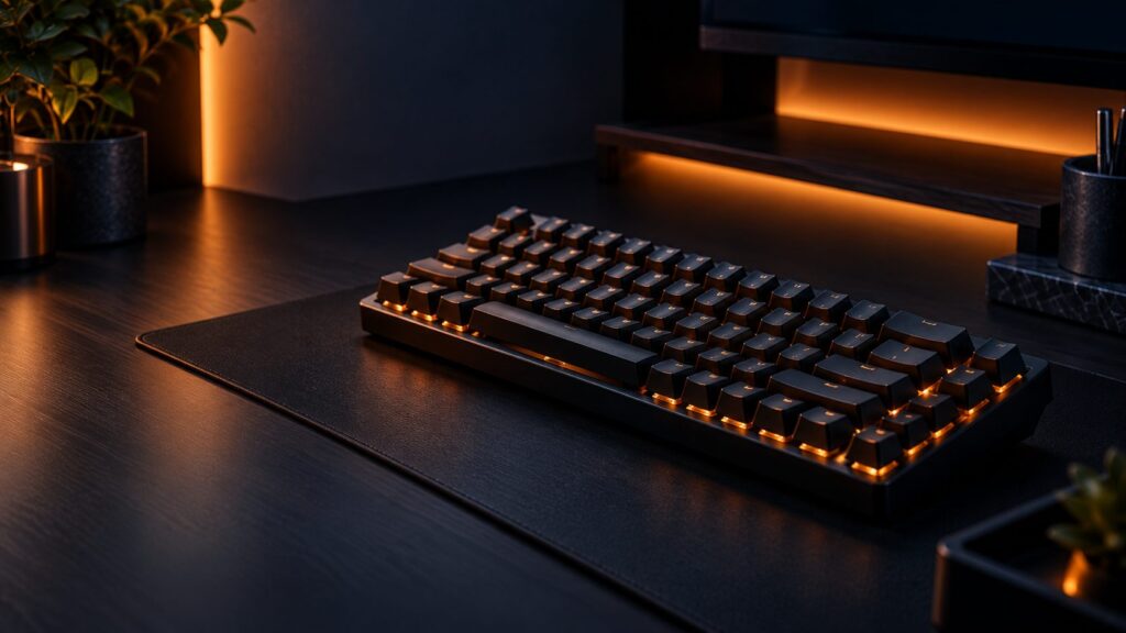 Backlit mechanical keyboard on a dark desk