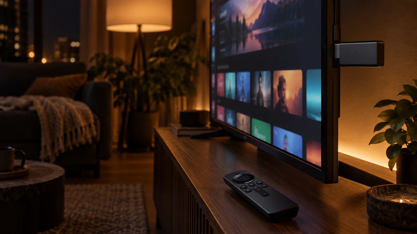 A modern TV with a streaming stick and remote in a cozy living room