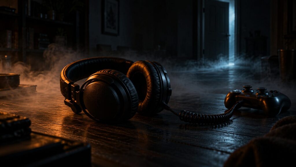 Black closed-back over-ear headphones with a coiled cable running to a game controller on a dark floor, with mist and a door ajar letting in cold light behind them