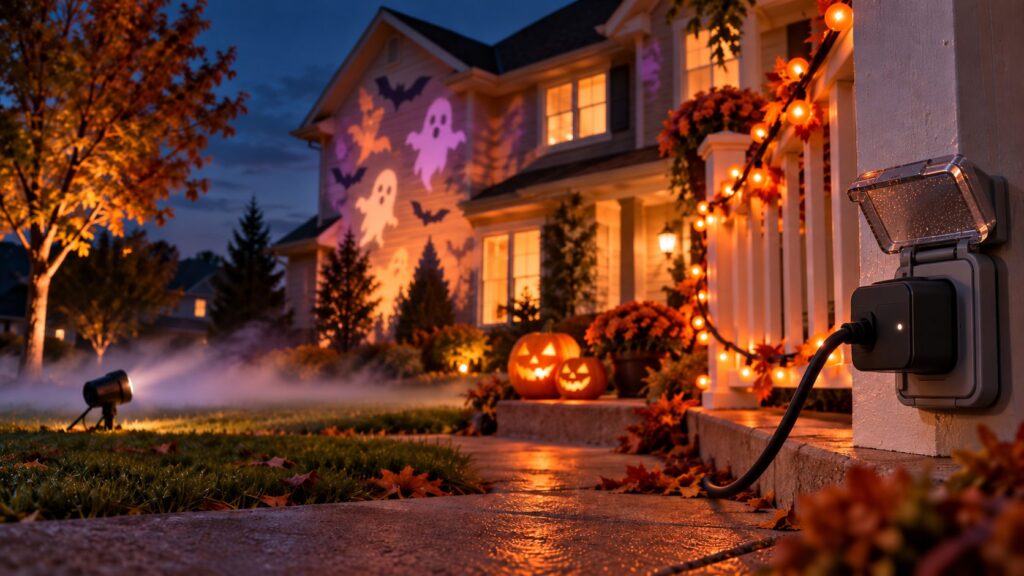 Suburban house at dusk with ghost and bat shapes projected on the wall, carved pumpkins on the steps, and an outdoor smart plug in a weatherproof outlet in the foreground